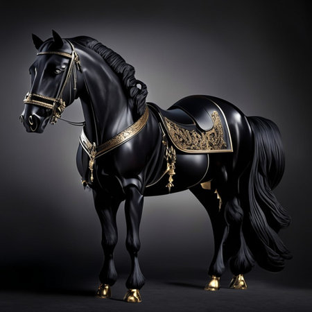 Black horse on a black background. 3d rendering, 3d illustration.の素材