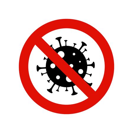 Coronavirus icon isolated on white with red prohibit sign. 2019-nCov bacteria. Stop infection vector conceptのイラスト素材