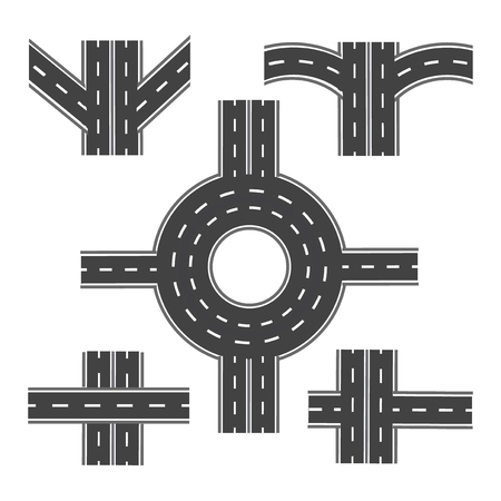 Set of different road sections with roundabouts and various intersections . Vector illustrationのイラスト素材