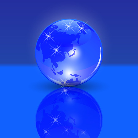 Blue planet earth. the land of the rising sun and the view. Stylized glossy ball with shadow and reflection. Vector illustrationのイラスト素材