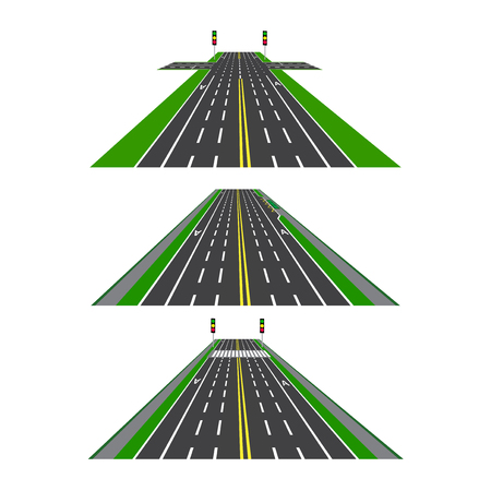 Set of different sections of the road with intersections, bike lanes, sidewalks and intersections. Perspective image. Vector illustrationのイラスト素材