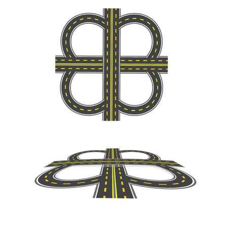 Set the transport interchange. Highway with yellow markings. Top view and in perspective. Vector illustrationのイラスト素材