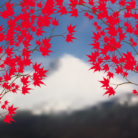 Greeting card with autumn landscape. Red maple leaves on branches on both sides. Japanese red maple on a background of mountains with snow-capped peaks. Vector illustrationのイラスト素材