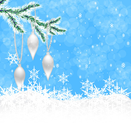 Christmas toys in the form of icicles on a branch of a Christmas tree on a background of falling snow. Vector illustrationのイラスト素材