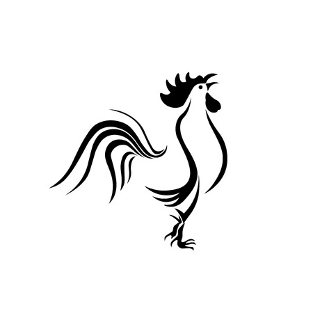 Black and white image of a rooster on a white background. 2017- year of the rooster. Tattoo. Vector illustrationのイラスト素材