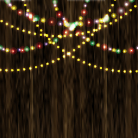Bright festive lights in the background of varnished wooden surface. Vector illustrationのイラスト素材