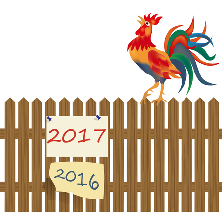 A fence made of wood. Rooster on the fence. Rooster symbol 2017. Vector illustrationのイラスト素材
