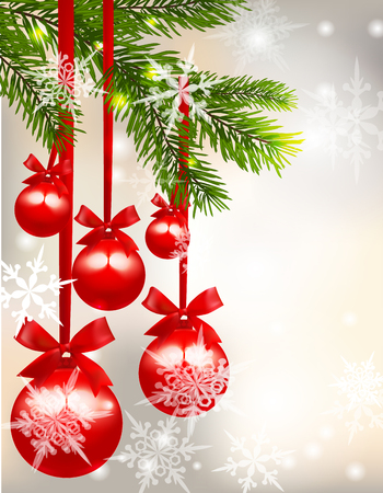 Five shiny glossy red balls with bows and fir tree branch on beautiful Christmas background. Hang on a tape among snowflakes. Christmas toys. vector illustrationのイラスト素材