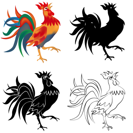 Set of four black, white and colored roosters isolated on white  2017 fiery red rooster.のイラスト素材