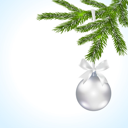 Christmas card. Green branches of a Christmas tree with silver balls and ribbon on a white background. Christmas decorations. Vector illustrationのイラスト素材