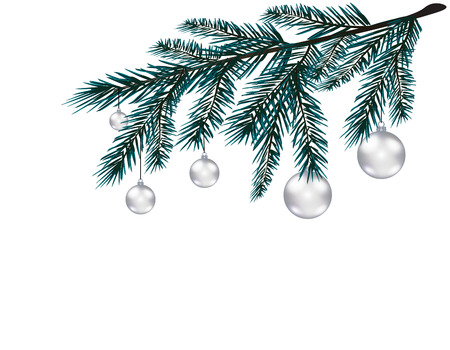 Blue realistic tree branch. Fir branches with silver balls. Isolated on white background. Christmas vector illustrationのイラスト素材