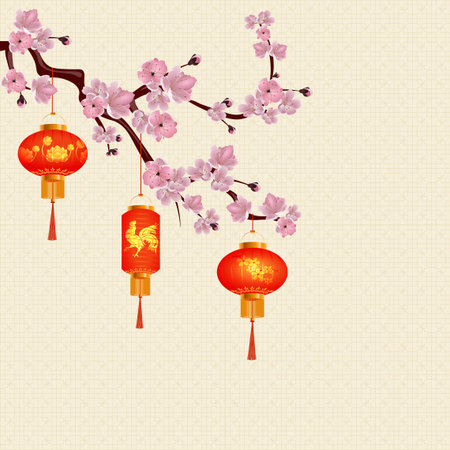 Red Chinese lanterns hanging on a branch of cherry blossom with pink flowers. Round and cylindrical form with drawings. sakura. Vector illustrationのイラスト素材
