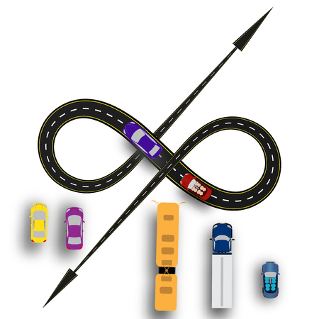 Stylized road junction. Destinations in the form of arrows. Highway with a marking. 3D shadow. Cars. Vector illustrationのイラスト素材