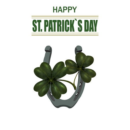 Four and three leaf clover, iron horseshoe for good luck. Greeting inscription St. Patrick Dn. Isolated on white background. Vector illustrationのイラスト素材