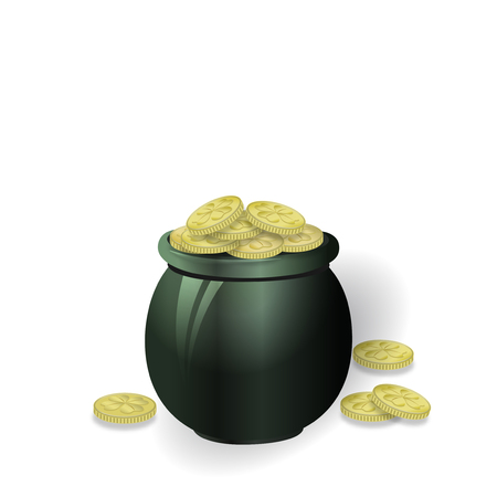 Pot of gold coins. Image of clover. St.Patrick s Day. Isolated on white background. Vector illustrationのイラスト素材