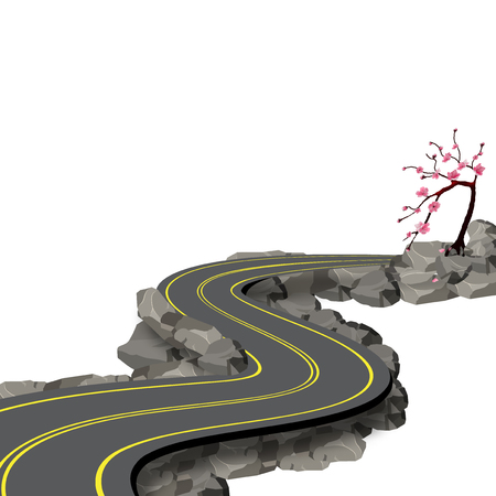 A winding road with markings among rocks and stones with a shadow. Cherry blossoms. Sakura. View in perspective. Vector illustrationのイラスト素材