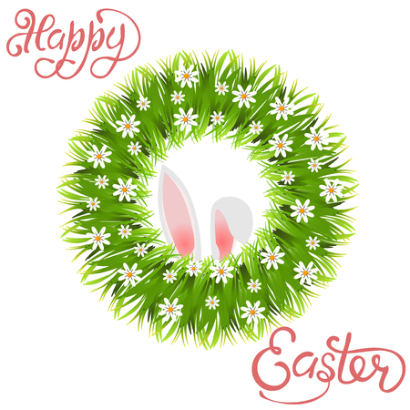 Happy easter. Green wreath of grass and chamomile. Rabbit ears. Vector illustrationのイラスト素材