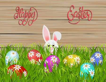 Happy easter. Easter colored eggs with a pattern of daisies in the grass. Rabbit on wood texture background. Vector illustrationのイラスト素材