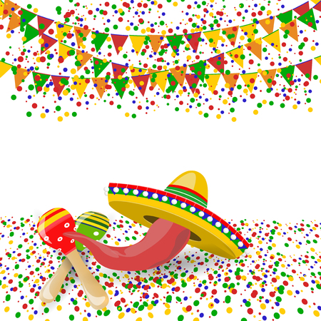 Cinco de Mayo. Red pepper, maracas, sombreros. Confetti and festive flags. illustrationのイラスト素材