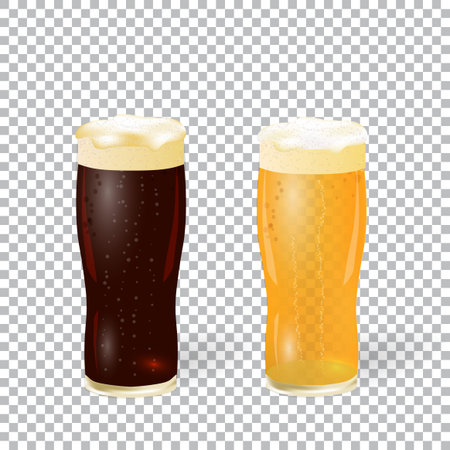 Festival of beer. Dark and light beer in a glass with foam isolated on a checker background with a shadow. illustrationのイラスト素材