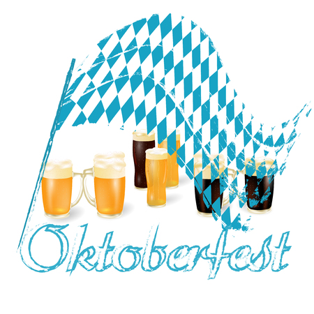 Oktoberfest banners in Bavarian color. Light and dark beer. Holiday of Bavaria with blue and white flag Oktoberfest. Vector illustrationのイラスト素材