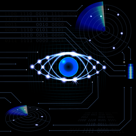 Brilliant technological eye HUD on a black background. Neon grid. Printed circuit board. Radar, battery. vector illustrationのイラスト素材