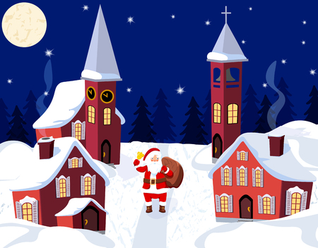 New Year Christmas. An image of Santa Claus. Winter city on New Year s Eve. Vector illustrationのイラスト素材