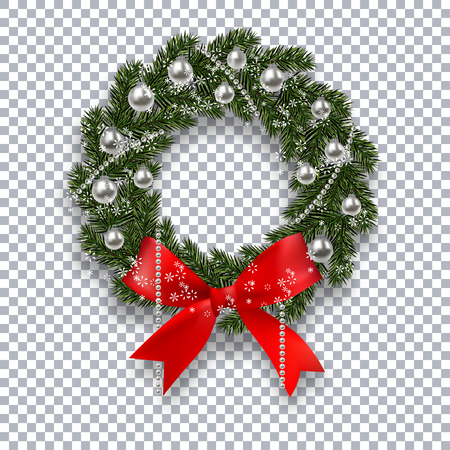 A green branch of spruce in the form of a Christmas wreath with shadow and snowflakes. Red bow, silver balls and beads on the background checkers. illustrationのイラスト素材