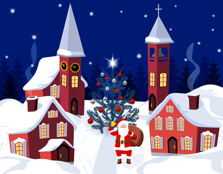 New Year, Christmas. An image of Santa Claus and a dressed up Christmas tree. Winter city on the eve of the New Year. illustrationのイラスト素材