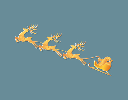 New Year, Christmas. Drawing of deers and sleigh of Santa Claus. In gold. illustrationのイラスト素材