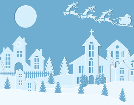 New Years Christmas. An image of Santa Claus and deer. Winter city in the New Year. Snow, moon, trees, houses, church. Cut from paper. illustrationのイラスト素材