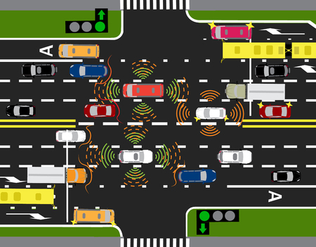 Movement of autonomous smart cars. Scanning roads, interaction. Automatic stops and traffic through the streets of cities. illustration.のイラスト素材