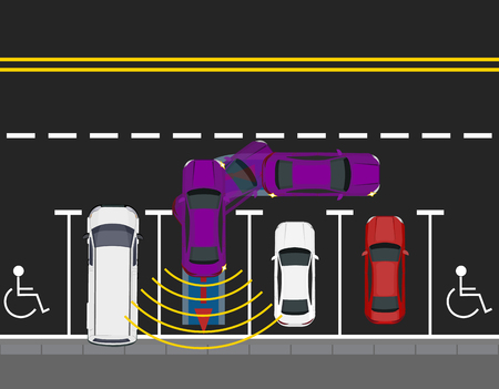 Colored parked cars parked by the road, top view. Scheme of parking a car with autonomous movement. Autopilot. illustrationのイラスト素材