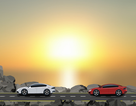 Road, highway along a dam against a beautiful sunset. Travelling by car. Vector illustrationのイラスト素材