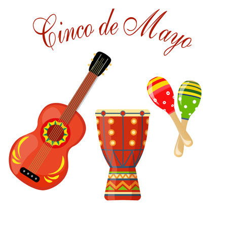 Cinco de Mayo. maracas green and red, drum, guitar. Congratulatory inscription. Vector illustrationのイラスト素材