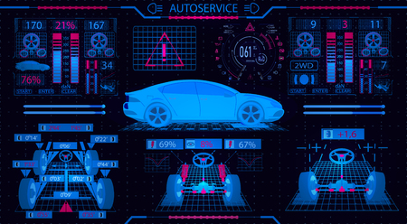 Car service. Graphical interface. Diagnostic alignment of the wheels. Check of shock-absorbers, the steering mechanism, ellipticity, brake system and the instrument panel. Vector illustrationのイラスト素材