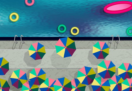 View from above. Swimming pool, umbrellas, swimming circles. Summer vacation by the pool. Vector illustrationのイラスト素材