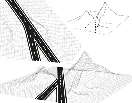 Road, highway in 3D. View from above and in Perspective. Highway design. Skeletal Framed Landscape. Vector illustrationのイラスト素材