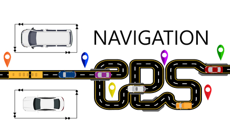 Road, cars, navigator mark. The highway is stylized under the inscription GPS-navigator. Isolated Vector Illustrationのイラスト素材