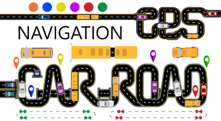 Roads, cars, navigator tags. The highway is stylized under the inscription GPS-navigator and car road. Direction of travel. Isolated Vector Illustrationのイラスト素材