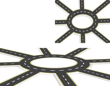 Six Roads, highway, roundabout, top view and perspective view with shadow. Two-lane roads with the same marking at an angle. illustrationのイラスト素材