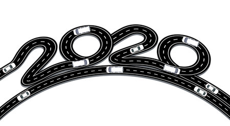 2020 New Year. The road is stylized as an inscription. The movement of white cars. illustration