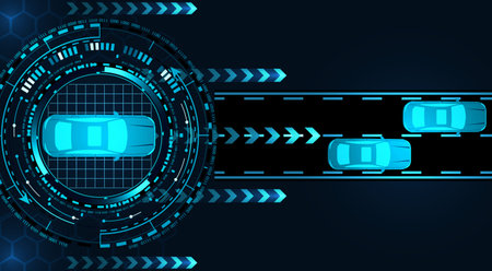 Racing on a graphic monitor. Car service. GUI Diagnostics. Top view of the car.  illustrationの写真素材