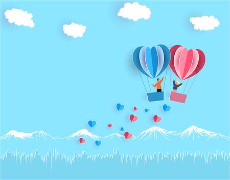 Valentine's Day. A young joyful couple flies in balloons over the scenery. Vector illustrationのイラスト素材