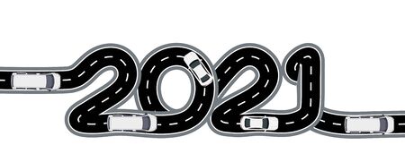 2021 New Year. The road with markings is stylized as an inscription. Car traffic. Isolated illustrationの写真素材