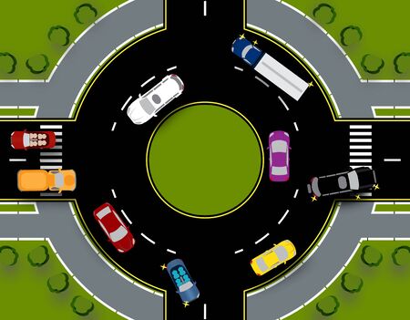 Roundabout with traffic circle. Bus, cars, truck, SUV. Close-up with lawns. illustrationのイラスト素材