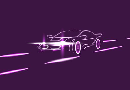 Side view of a neon glowing sports car silhouette on the highway. Abstract modern style. illustrationのイラスト素材