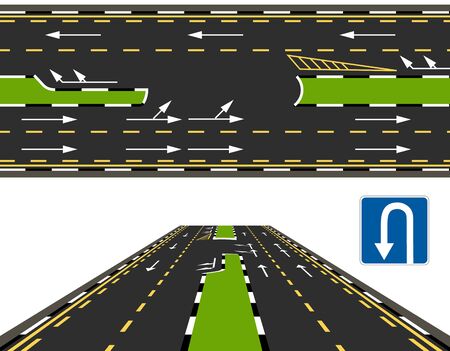 Top view and perspective view of a highway, a U-turn road. Road marking.  illustrationの写真素材