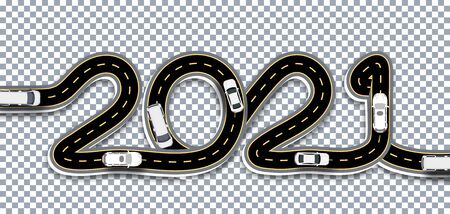 2021 New Year. A road with markings and bridges is stylized as an inscription with a shadow. On a transparent background. illustrationのイラスト素材
