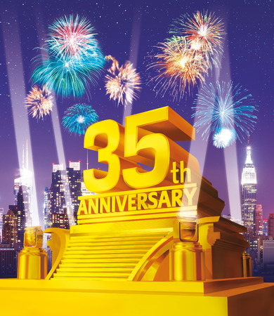 Golden 35th anniversary against city skylineの写真素材